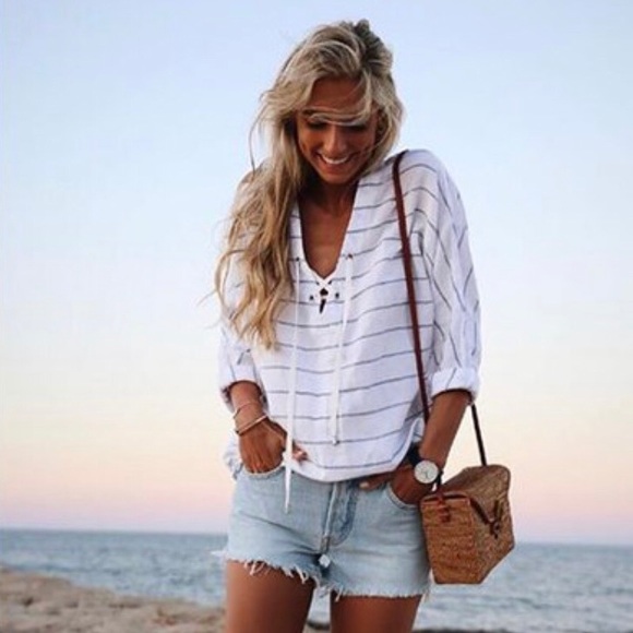 Rails Tops - Rails Lily Positano Stripe White Lace Up Linen Top